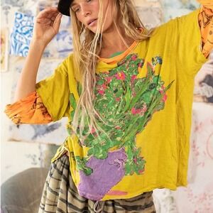 Magnolia Pearl Van Gogh Love Nature Short Sleeve Yellow Distressed NWT